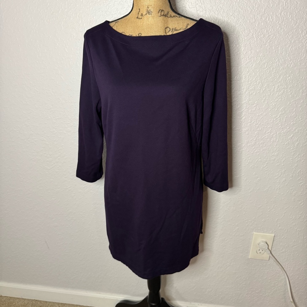 J Jill Purple Long Sleeve Ponte Knit Tunic Top Size L Boat Neck Office Casual